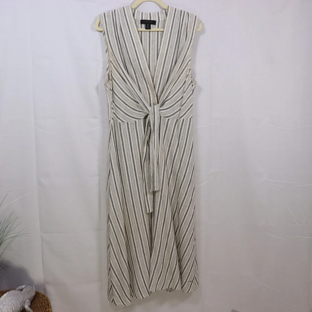 Tahari Striped Midi Dress Large Ivory‎ Blue Womens Linen Blend Sleeveless